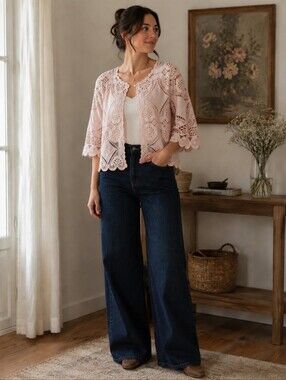 Pale Pink Crochet Lace Open Cardigan
